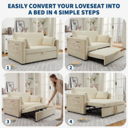 London Boutique Beige 2 Seater Pull Out Sofa Bed 124X95Cm, 3 In 1 Convertible Guest Bed, Usb-C Port,adjustable Backrest And Wheels - thumbnail 6