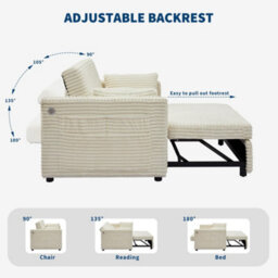 London Boutique Beige 2 Seater Pull Out Sofa Bed 124X95Cm, 3 In 1 Convertible Guest Bed, Usb-C Port,adjustable Backrest And Wheels - thumbnail 5