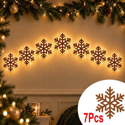 Amorly 7Pcs Light Up Wooden Wall Decor, Snowflake Diy Peel & Stick Christmas Lights, Warm Backlit Ornaments For Home Decoration - image 1