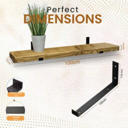 MKGT Narrow Rustic Shelf, 15Cm Deep Solid Wood Wall Shelf With Black Brackets (Dark Oak, 100Cm) - thumbnail 2