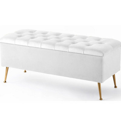 90Cm Amara Chesterfield Ottoman Storage Bench - Plush Velvet Shoes Bench - White Upholstery Footstool Storage With Legs - image 1
