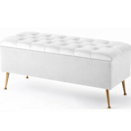 90Cm Amara Chesterfield Ottoman Storage Bench With Legs, White Plush Velvet Upholstered End Of Bed Shoe Footstool Seat