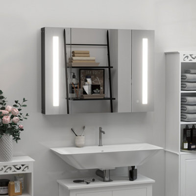 Kleankin Led Bathroom Mirror Cabinet With Shelves Wall Mount High Gloss Black - image 1