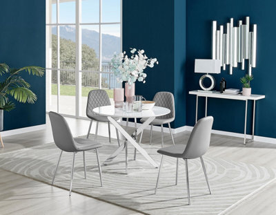 Furniturebox Uk Novara White High Gloss Round Dining Table & 4 Grey Corona Silver Chairs - image 1
