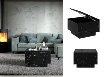 Impact Furniture Marble Coffee Table With Storage Black Marble Effect Lift Up Square Top Side Sofa Table Moon - image 1