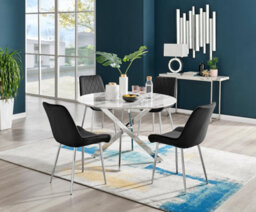 Furniturebox Uk Novara White Marble 120Cm Round Dining Table & 4 Black Pesaro Silver Chairs