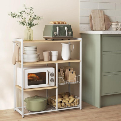 Songmics Baker's Rack, Kitchen Island With 2 Metal Mesh Baskets, Shelves And Hooks, Industrial Style, Oak Beige And White - image 1