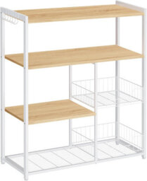 Songmics Baker's Rack, Kitchen Island With 2 Metal Mesh Baskets, Shelves And Hooks, Industrial Style, Oak Beige And White - thumbnail 6