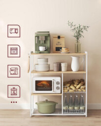 Songmics Baker's Rack, Kitchen Island With 2 Metal Mesh Baskets, Shelves And Hooks, Industrial Style, Oak Beige And White - thumbnail 3
