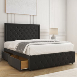 Bsspoke Lena Divan Bed Set Black Plush Velvet With 24Inch Headboard & Footboard 2 Drawers Same Side & Mattress In All Sizes - thumbnail 1