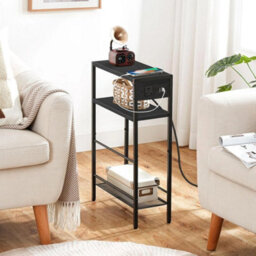Side Table With Charging Station Bedside Table 3 Tier End Table Black - thumbnail 1