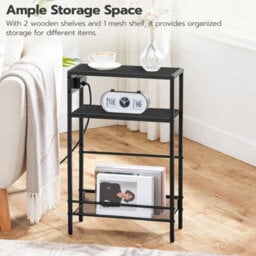 Side Table With Charging Station Bedside Table 3 Tier End Table Black - thumbnail 3