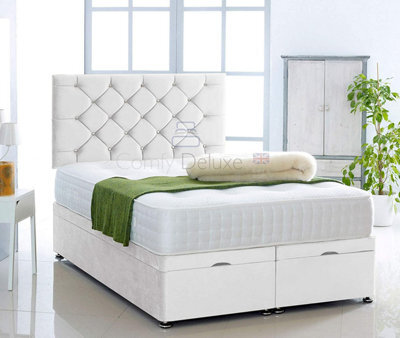 Comfy Deluxe White Plush Foot Lift Ottoman Bed With Memory Spring Mattress And  Studded Headboard 2Ft6 Small Single - image 1