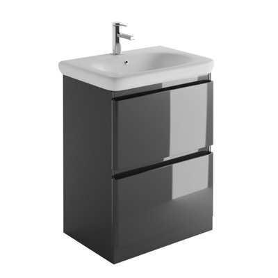 Plum&clay Marvel Gloss Dark Grey Floor Standing Bathroom Vanity Unit With Round Resin Basin (W)600mm - image 1