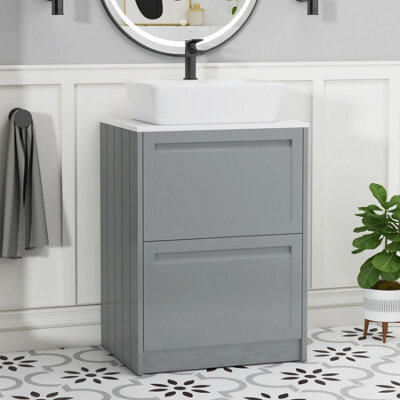 Royal Bathrooms Royal Bathroom Elmore 600mm Matt Pebble Grey Freestanding Bathroom Vanity Unit 2 Drawer Plain White Worktop With Cube Basin - image 1