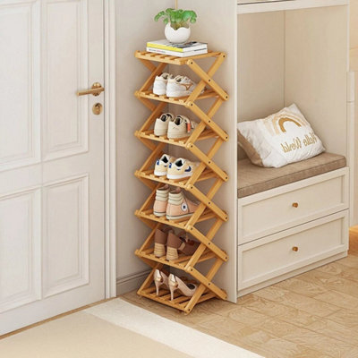 Natural Wood 7 Tier Vertical Bamboo Folding Shoe Rack Storage Organizer Stand Corner Shelf - image 1