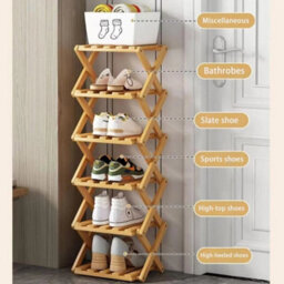 Natural Wood 7 Tier Vertical Bamboo Folding Shoe Rack Storage Organizer Stand Corner Shelf - thumbnail 5