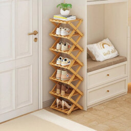 Natural Wood 7 Tier Vertical Bamboo Folding Shoe Rack Storage Organizer Stand Corner Shelf - thumbnail 1