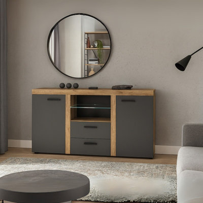 Rumba Sideboard Modern 2 Drawer Chest 157 Cm Wide Durable Laminated Finish For Living Or Dining Lefkas Oak Graphite - image 1
