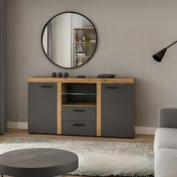 Rumba Sideboard Modern 2 Drawer Chest 157 Cm Wide Durable Laminated Finish For Living Or Dining Lefkas Oak Graphite - thumbnail 1