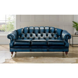 Chesterfield 3 Seater Antique Blue Leather Sofa Settee In Victoria Style - thumbnail 1