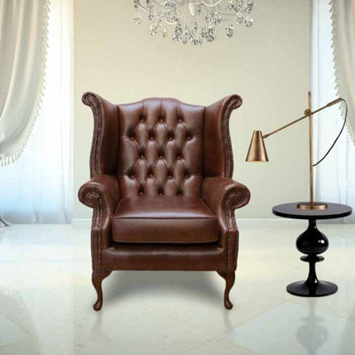 Chesterfield High Back Wing Chair Old English Hazel Leather In Queen Anne Style - image 1
