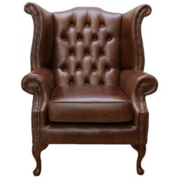 Chesterfield High Back Wing Chair Old English Hazel Leather In Queen Anne Style - thumbnail 2
