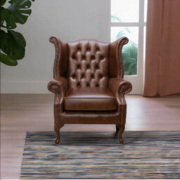 Chesterfield High Back Wing Chair Old English Hazel Leather In Queen Anne Style - thumbnail 3