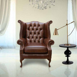 Chesterfield High Back Wing Chair Old English Hazel Leather In Queen Anne Style - thumbnail 1