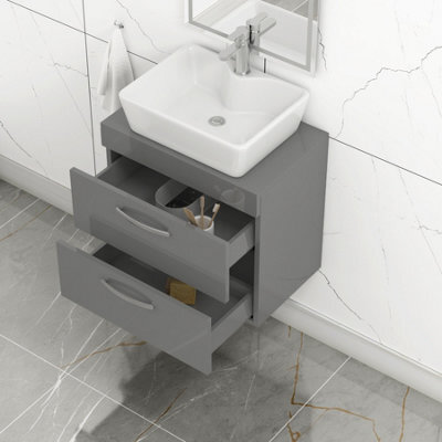 Royal Bathrooms 600mm Wall Hung Vanity Unit 2 Drawer Indigo Grey Gloss & Cube Countertop Basin - image 1