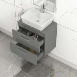 Royal Bathrooms 600mm Wall Hung Vanity Unit 2 Drawer Indigo Grey Gloss & Cube Countertop Basin - thumbnail 3