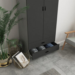 Urbnliving 180Cm Tall Wooden 2 Door Wardrobe Grey Carcass And Black Drawers With 2 Drawers Bedroom Storage Hanging Bar Clothes - thumbnail 5