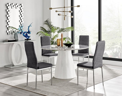 Furniturebox Uk Palma White Marble Effect Round Dining Table & 4 Grey Velvet Milan Chairs - image 1