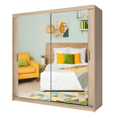 Ie Milan Sliding Mirror Door Wardrobe With Drawers & Shelves - Modern Bedroom Wardrobe, Oak, (250 Cm X 216Cm ) - image 1