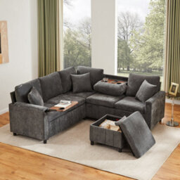 Btm Chenille Corner Sofa Bed With Pull Out Sleeper, Storage Ottoman, Reading Light, Usb And Type C Charging, Cup Holder Tray, Grey