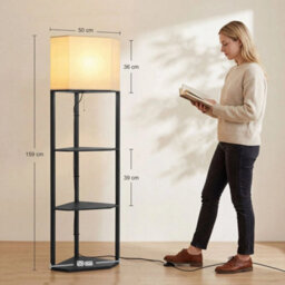 Corner Modern Floor Lamp With Shelves, Dimmable Standing Lamp, Black - thumbnail 2
