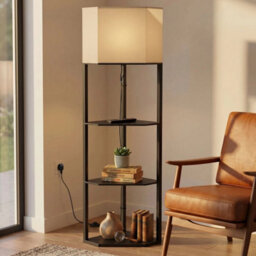 Corner Modern Floor Lamp With Shelves, Dimmable Standing Lamp, Black - thumbnail 5