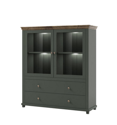 Arte Evora 46 Display Cabinet W1260mm H1380mm D420mm - Green & Oak Lefkas, Glass Doors & Drawers - image 1