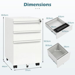 Gainoom 3-Drawer Mobile File Cabinet Rolling Metal Under-Desk Office Organizer W/5 Casters & 2 Keys For A4 White - thumbnail 2