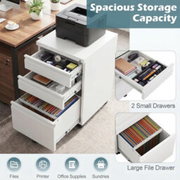 Gainoom 3-Drawer Mobile File Cabinet Rolling Metal Under-Desk Office Organizer W/5 Casters & 2 Keys For A4 White - thumbnail 5