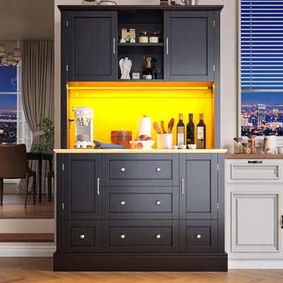 Matteo Modern Tall Kitchen Sideboard Cabinet With Led Lighting - 180Cm, Black - image 1