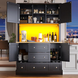 Matteo Modern Tall Kitchen Sideboard Cabinet With Led Lighting - 180Cm, Black - thumbnail 2