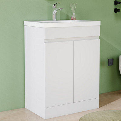 AVER-GROWTH 600mm Vanity Unit With Basin High Gloss White Thick Ceramic Sink Floor Standing Bathroom Storage Cabinet Soft Close Hinges 2 Doors - image 1
