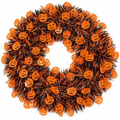 Underfoot Halloween Wreath 20Cm Orange Black Pumpkin Tinsel Door Hanging Decoration - image 1