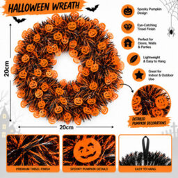 Underfoot Halloween Wreath 20Cm Orange Black Pumpkin Tinsel Door Hanging Decoration - thumbnail 2