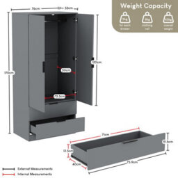 Lassic Vida Designs Trega 4 Piece Bedroom Set (3 Drawer Bedside Chest X2, 5 Drawer Chest, 2 Door 2 Drawer Wardrobe) Grey - thumbnail 5