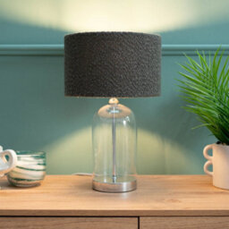 Valuelights Jessy Glass And Silver Chrome Metal Bedside Table Lamp With A Charcoal Grey Boucle Lampshade - thumbnail 3