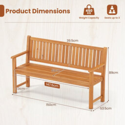 Costway 3-Seater Outdoor Wooden Bench 150 Cm Large Garden Bench With Backrest - thumbnail 2