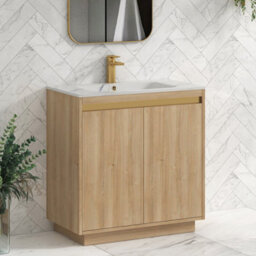 Royal Bathrooms Orion 800mm Natural Oak 2 Door Floor Standing Vanity Unit With Carrara White Basin & Brushed Brass Accent Trim - thumbnail 6