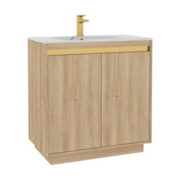 Royal Bathrooms Orion 800mm Natural Oak 2 Door Floor Standing Vanity Unit With Carrara White Basin & Brushed Brass Accent Trim - thumbnail 7